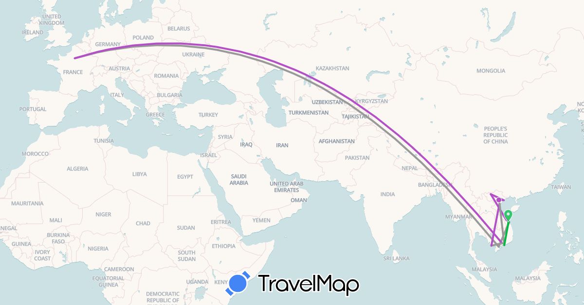TravelMap itinerary: bus, plane, train in France, Cambodia, Vietnam (Asia, Europe)